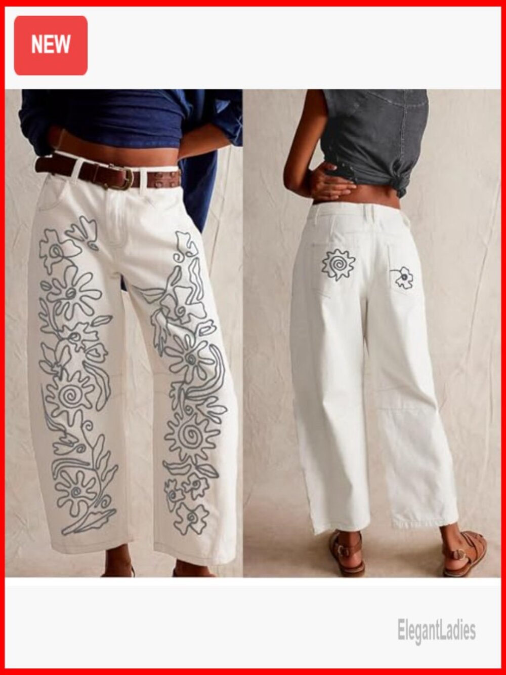 Embroidered Mid Rise Boyfriend Jeans Wide Leg Barrel Fit Vintage Style - Picture 5 of 6